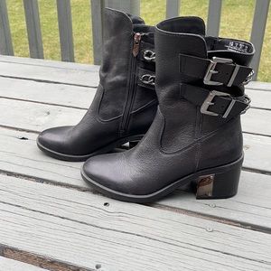 Fergie black chain buckle moto boots